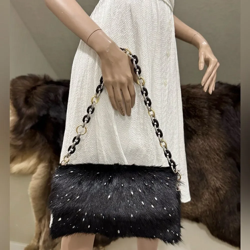 Black Real Goat Hair-on Hide Handmade Baguette Bag, 2 Straps Style